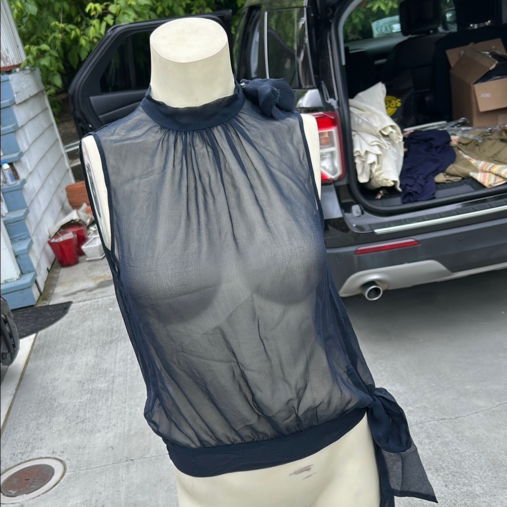 Sheer sleeveless high-neck blouse